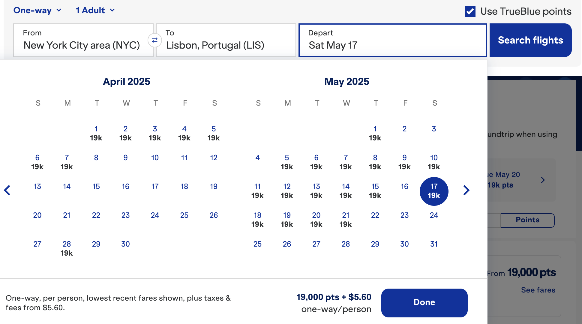 JetBlue award search april and may 2025 for tap portugal